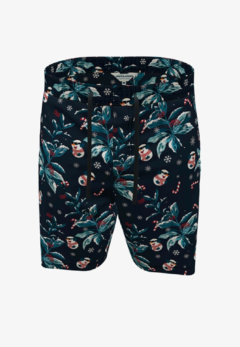 Navy swim shorts with a festive pattern of snowmen, leaves, and candy canes. Features an elastic waistband and black drawstring.
