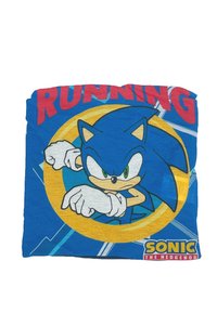 T-shirt in cotone blu con una grande grafica di Sonic the Hedgehog con occhi verdi, guanti bianchi e la parola "RUNNING" in rosso.