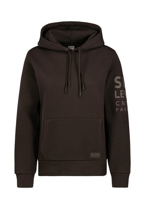 Dunkelbraunes Kapuzensweatshirt mit Fronttasche, Kordelzug, gerippten Bündchen und teilweisem hellem Schriftzug am rechten Ärmel.