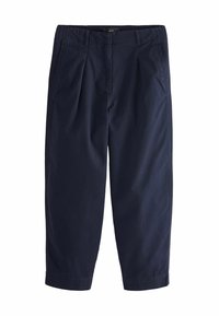 Pantaloni cropped blu navy con finitura liscia, pieghe davanti, tasche laterali e orlo diritto. Realizzati in tessuto leggero.