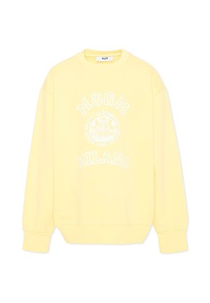 Lichtgele sweatshirt met lange mouwen, geribde boorden en MSGM Milano-logo met wit gedrukt wapenschild op de borst. Geen zichtbare personen.