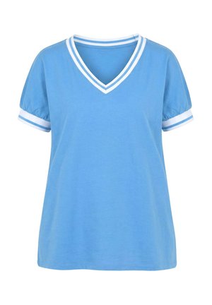 Hellblaues Kurzarmhemd mit weißem, doppelt gestreiftem V-Ausschnitt und passenden gestreiften Ärmelbündchen, lockere Passform.