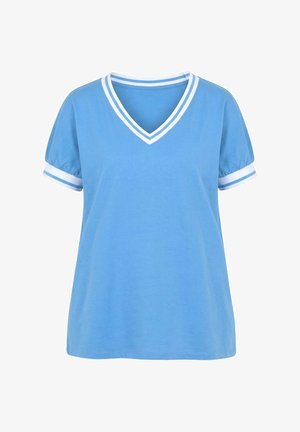 Jasnoniebieska koszula z krótkim rękawem z białym podwójnym paskowanym kołnierzem w kształcie litery V i pasującymi paskowanymi mankietami, luźny krój.