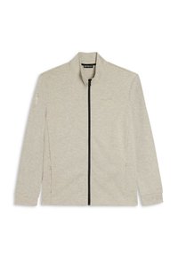 Giacca zip-up grigio chiaro con colletto alto, maniche lunghe, due tasche laterali e dettagli in zip nera. Tessuto testurizzato con schemi sottili.