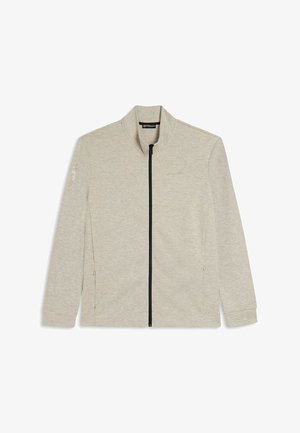 Giacca zip-up grigio chiaro con colletto alto, maniche lunghe, due tasche laterali e dettagli in zip nera. Tessuto testurizzato con schemi sottili.