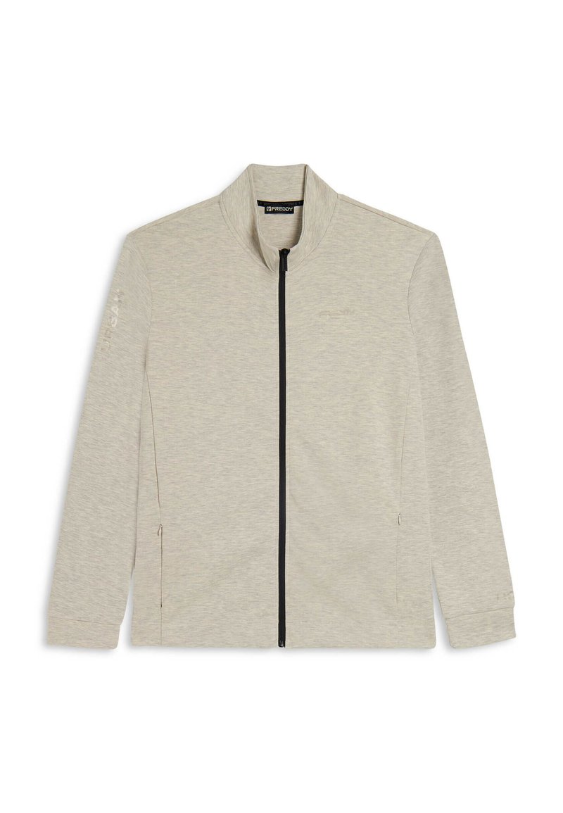 Giacca zip-up grigio chiaro con colletto alto, maniche lunghe, due tasche laterali e dettagli in zip nera. Tessuto testurizzato con schemi sottili.