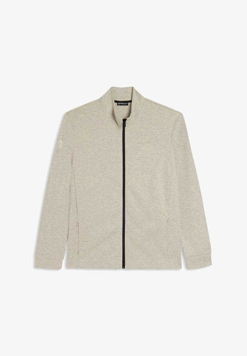 Giacca zip-up grigio chiaro con colletto alto, maniche lunghe, due tasche laterali e dettagli in zip nera. Tessuto testurizzato con schemi sottili.