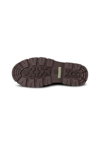 Semelle en caoutchouc marron avec un motif de semelle profonde, présentant une surface texturée et un détail de logo. Conçue pour la durabilité et l'adhérence.