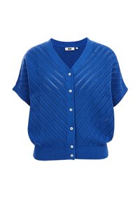 Blå kortärmad cardigan med V-ringning, fem knappstängning och texturerat, diagonalt mönster med öppen stickning.