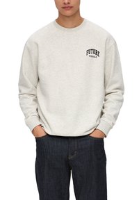 Helle graue Sweatshirt mit Rundhalsausschnitt, versehen mit schwarzem "FUTURE VISUALS"-Text. Hergestellt aus weichem Baumwollmix, lockere Passform und mit gerippten Bündchen.