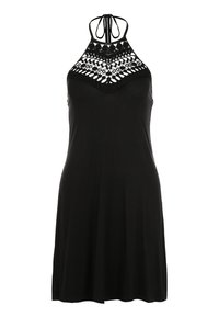 Schwarzes Kleid mit Halterneck und Häkelspitze am Oberteil, das eine lockere, fließende Silhouette und eine weiche Stofftextur aufweist.