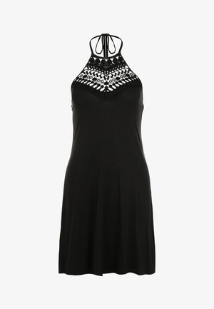 Zwarte jurk met halternek en kant haakdetails op het lijfje, met een losse, luchtige silhoeët en zachte stoftextuur.