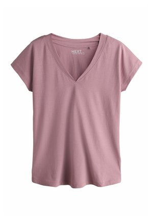 Rosa T-Shirt mit kurzen Ärmeln und V-Ausschnitt, aus weichem Baumwollstoff gefertigt. Verfügt über eine lockere Passform und ein schlichtes, sauberes Design.