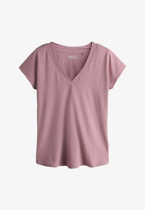 Różowy T-shirt z krótkim rękawem i dekoltem w serek, wykonany z miękkiej bawełny. Charakteryzuje się luźnym krojem i czystym, prostym wzornictwem.