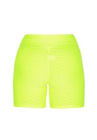 Neon žluté šortky s texturovaným, včelím vzorem. Mají přiléhavý design a hladký povrch, vhodné pro aktivní nošení.