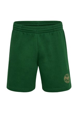 Groene katoenen shorts met een elastische tailleband en een gouden logo-opdruk aan de onderzijde rechts. Gladde textuur, knielengte ontwerp.