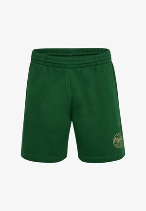 Grønne bomuldsshorts med elastisk talje og et guld-logo mærkat i nederste højre hjørne. Glat tekstur, knælængde design.