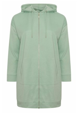 Felpa lunga verde chiaro con cerniera frontale completa, cappuccio regolabile con coulisse, tasche frontali a marsupio e polsini e orlo a coste.