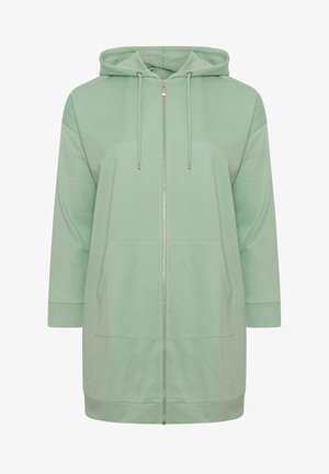 Lysegrøn lang hoodie med fuld lynlås foran, justerbar snøre i hætten, forlommer og ribstrikkede ærmekanter og kant forneden.