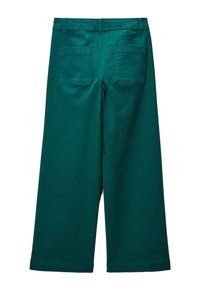 Pantalons larges en denim bleu sarcelle profond, avec deux poches plaquées arrière et une texture lisse, finis par des ourlets cousus.