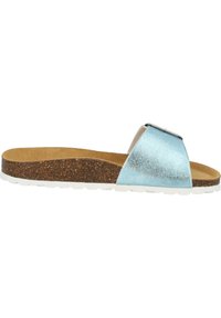 Sandalo scivoloso con tomaia metallica azzurro chiaro, intersuola in sughero e suola esterna in gomma bianca. Presenta un design semplice e sicuro della cinghia.
