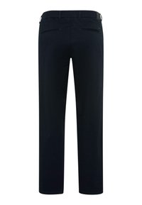 Marineblaue Hose mit geradem Bein, Gürtelschlaufen und zwei Paspeltaschen auf der Rückseite.