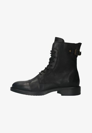 Black leather ankle boot with a rounded toe, lace-up front, side buckle hardware, and a low block heel. Smooth texture with minimal stitching.