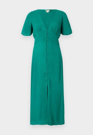 Robe midi bleu sarcelle avec manches courtes, col en V, taille ajustée et rangée de boutons recouverts de tissu au centre devant.