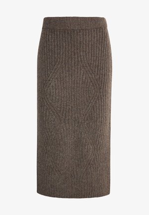 Gonna a maglia a coste marrone con silhouette aderente, caratterizzata da sottili schemi a diamante e una cintura liscia. Tessuto testurizzato con una finitura morbida.