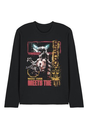 Schwarzes Langarmshirt mit einem grafischen Aufdruck eines Roboter-Dinosauriers, Transformers-Logo und den Schriftzügen "Grimlock" und "More Than Meets The Eye."
