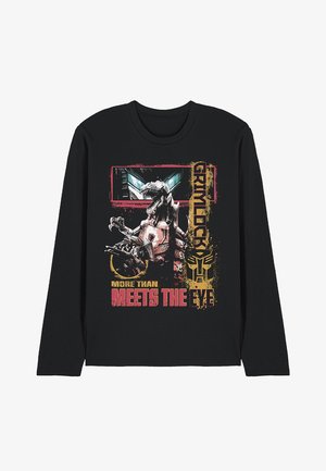 Schwarzes Langarmshirt mit einem grafischen Aufdruck eines Roboter-Dinosauriers, Transformers-Logo und den Schriftzügen "Grimlock" und "More Than Meets The Eye."