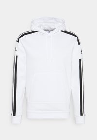 Weißer Kapuzenpulli mit schwarzen Seitenstreifen, Kängurutasche und gerippten Bündchen. Mit einem Logo auf dem linken Ärmel. Hergestellt aus einem Baumwoll-Mischgewebe.