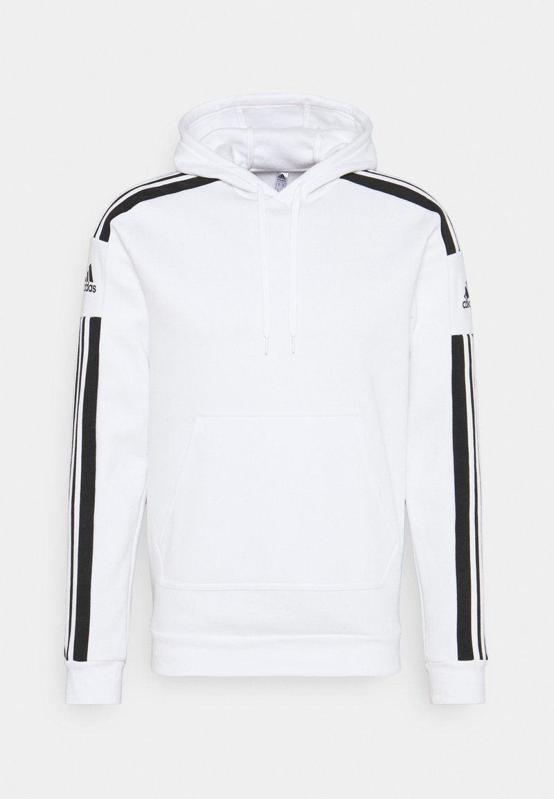 Weißer Kapuzenpulli mit schwarzen Seitenstreifen, Kängurutasche und gerippten Bündchen. Mit einem Logo auf dem linken Ärmel. Hergestellt aus einem Baumwoll-Mischgewebe.