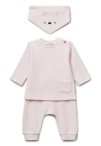 Růžový žebrovaný bavlněný overal s dlouhými rukávy, detailem kapsy a odpovídajícím bryndáčkem s medvědími oušky a vyšívanou tváří.