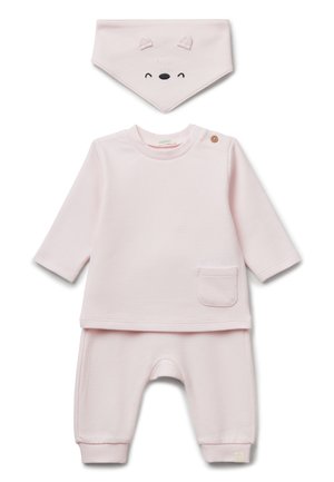 Ensemble en coton côtelé rose avec manches longues, détail poche et bavette assortie ornée d'oreilles d'ours et d'un visage brodé.