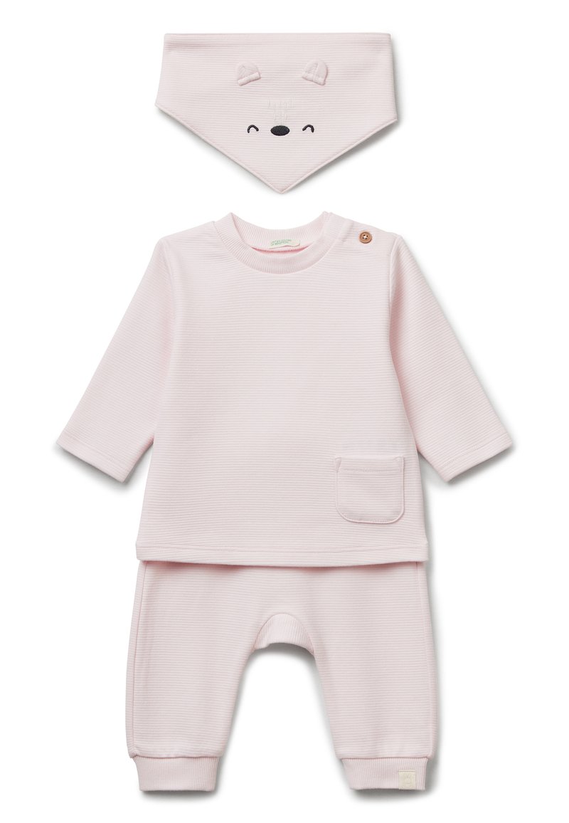 Růžový žebrovaný bavlněný overal s dlouhými rukávy, detailem kapsy a odpovídajícím bryndáčkem s medvědími oušky a vyšívanou tváří.