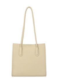 Beige leren shopper met twee lange handvatten, rechthoekige vorm, gestructureerd oppervlak en minimalistisch ontwerp. Geen zichtbare hardware of accenten.