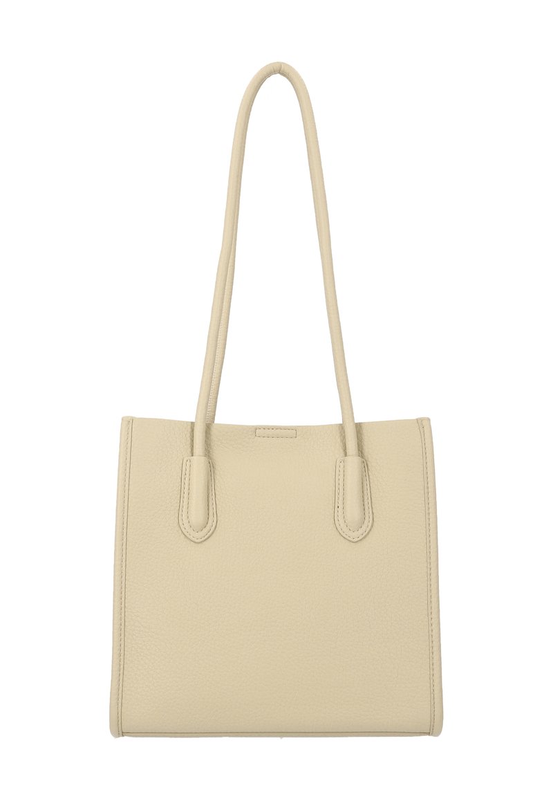 Beige leren shopper met twee lange handvatten, rechthoekige vorm, gestructureerd oppervlak en minimalistisch ontwerp. Geen zichtbare hardware of accenten.