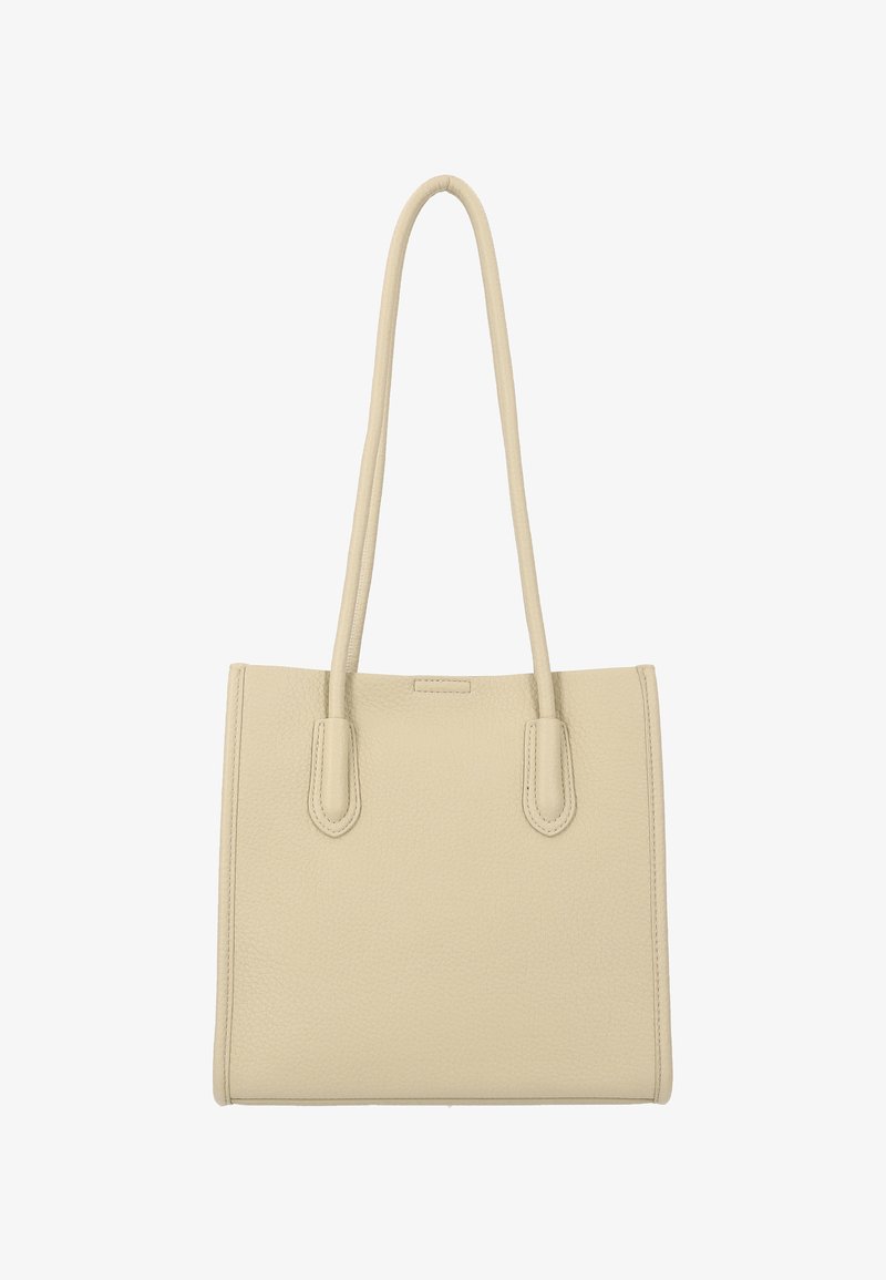 Beige leren shopper met twee lange handvatten, rechthoekige vorm, gestructureerd oppervlak en minimalistisch ontwerp. Geen zichtbare hardware of accenten.