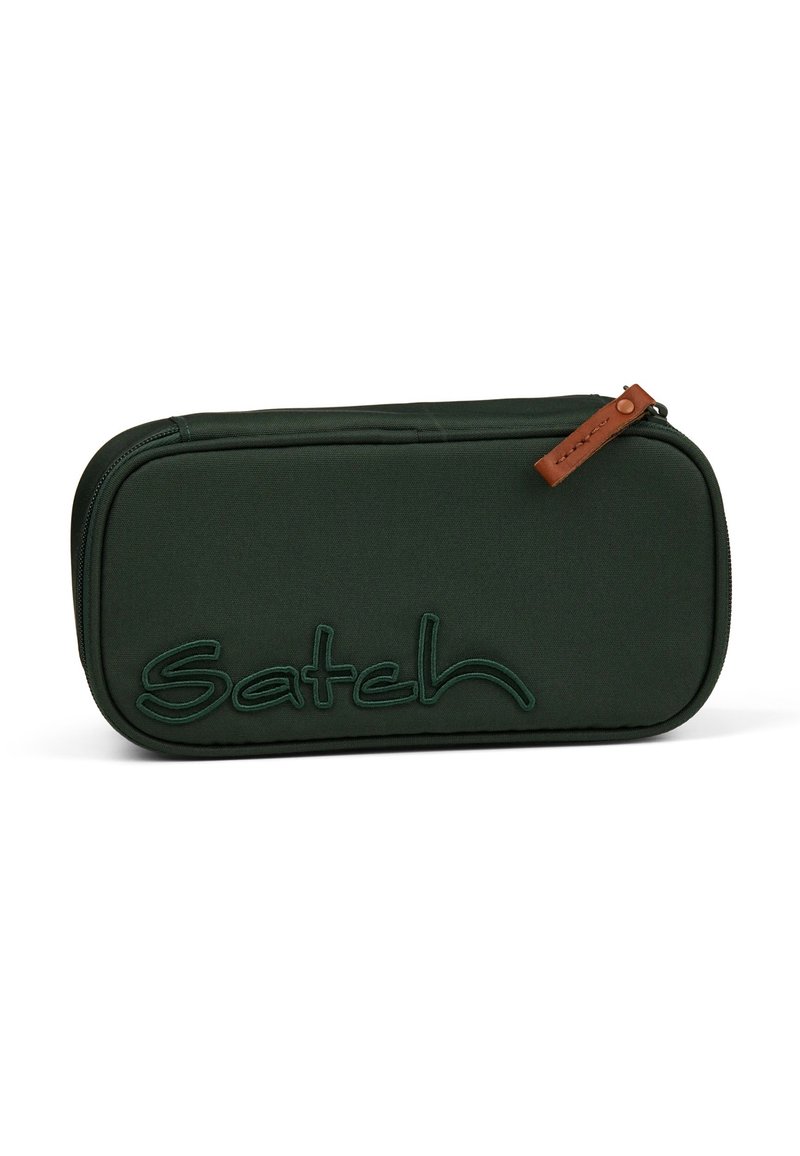 Green fabric pencil case with embossed "Satch" logo, rectangular shape, zipper closure, and brown leather accent on the pull tab.
