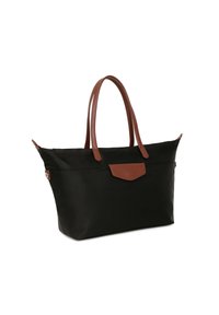 Czarna torba tote z nylonu z brązowymi skórzanymi uchwytami i przednią klapką. Posiada minimalistyczny design oraz przestronną wnętrze.