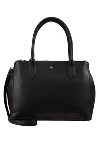 Borsa a tracolla nera in pelle con doppi manici e una tracolla rimovibile. Presenta una texture liscia e un piccolo logo sul davanti.