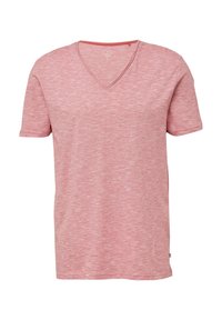 Rode melange katoenen T-shirt met korte mouwen, V-hals en een gestructureerde afwerking. Bevat een klein merkembleem aan de onderzijde.