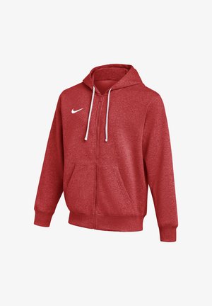 Sweat à capuche zippé rouge avec cordons de serrage blancs, poches avant, poignets et ourlet côtelés, et logo Nike blanc sur la poitrine gauche.