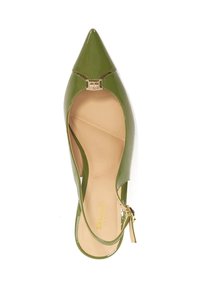 Green patent leather pointed-toe shoe with slingback design, featuring a gold accent at the front and a smooth nude interior.