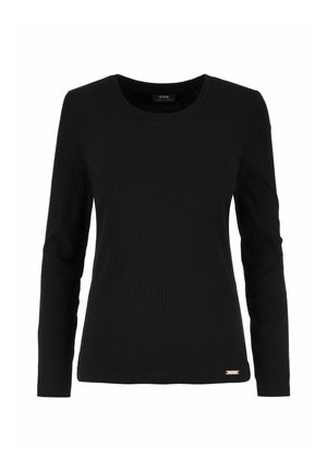 Czarny, długi rękaw, prążkowany top z okrągłym dekoltem, z małym metalowym logo przy hemie. Gładki, elastyczny materiał.