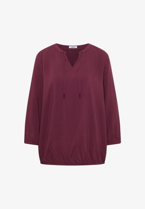 Bordeauxrode blouse met lange mouwen, elastische zoom, V-hals met trekkoord en ronde kraag, gemaakt van getextureerde stof.