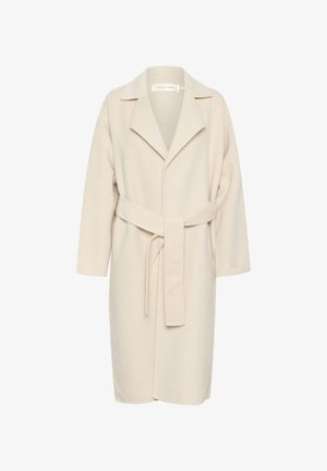 Beež villane mantel, millel on serva ääretud krae, pikad varrukad ja lipsu vöö. Omab siledat tekstuuri ja keskmise pikkusega disaini.