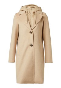 Beige wollen mix jas met een gestructureerd ontwerp, grote revers, enkele knoopsluiting en een verwijderbare, gevoerde binnenlaag met capuchon.
