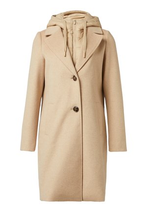 Cappotto in misto lana beige con un design strutturato, ampi rever, chiusura a un bottone e un interno imbottito con cappuccio removibile.